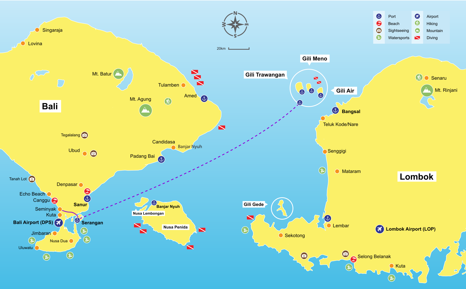 Seminyak to Gili Trawangan map
